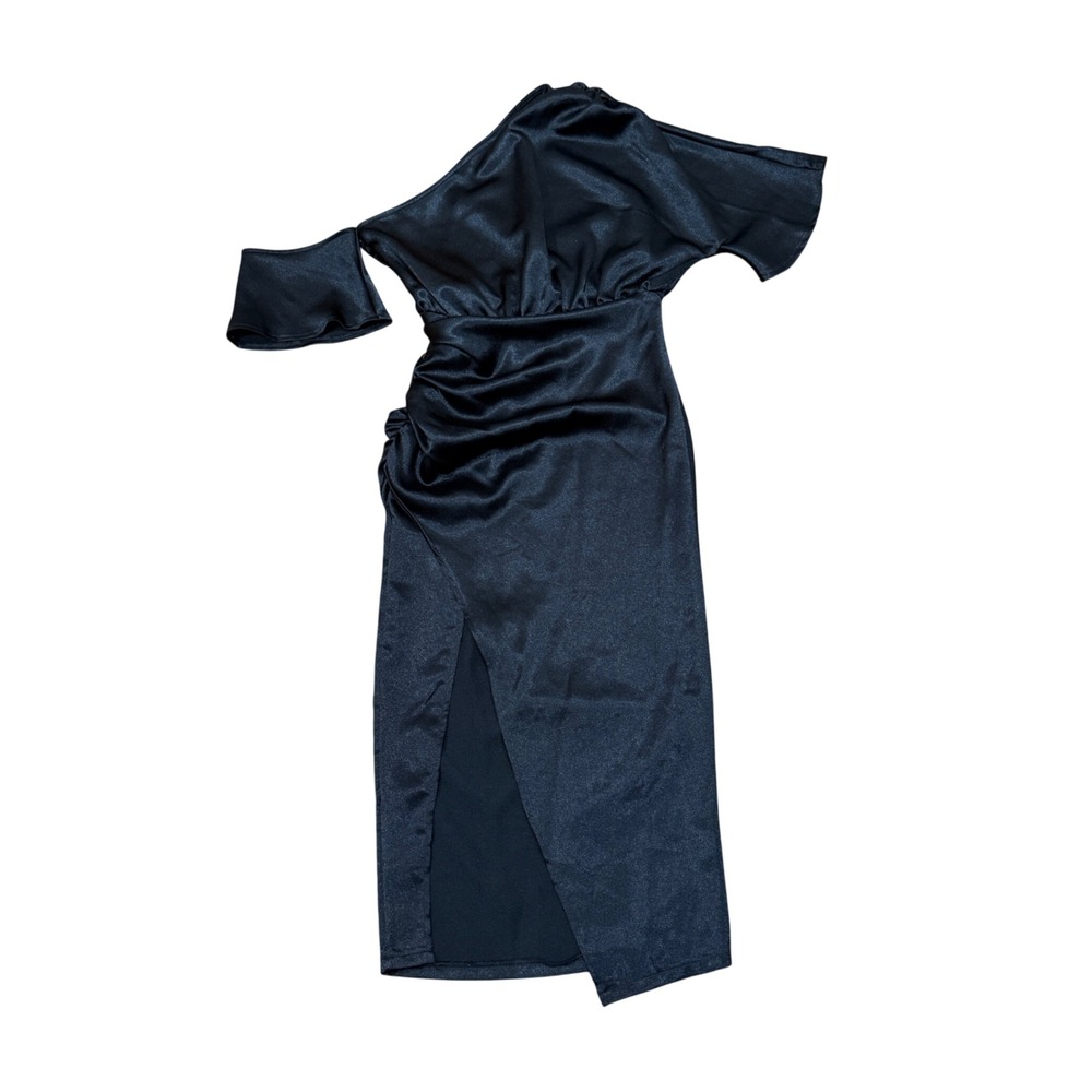 PrettyLittleThing Black Satin One Shoulder Ruched Midi Dress Slit Sz 4 Cocktail
